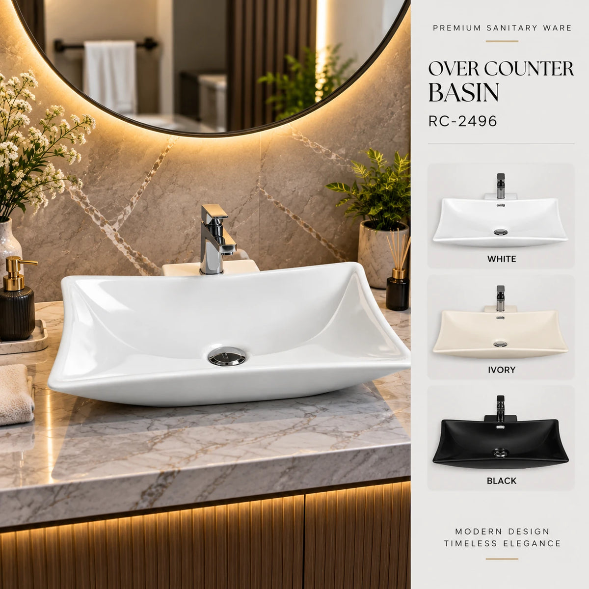 RC-2496 Over Counter Basin | Premium Ceramic Wash Basin | Roxx Ceramica