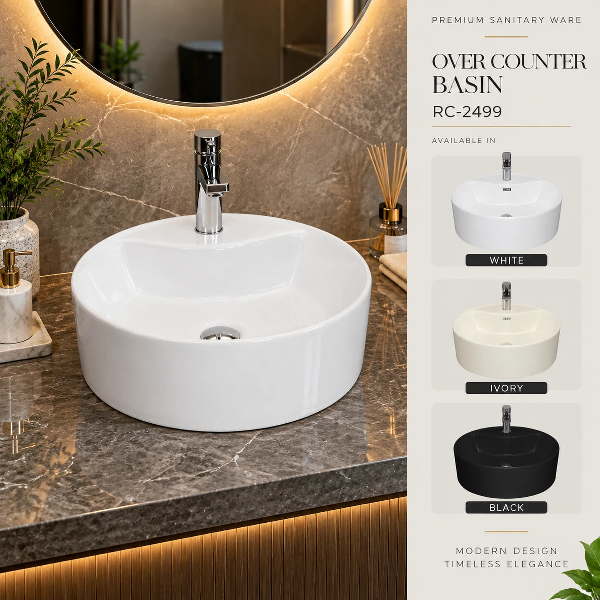 RC-2499 Over Counter Basin | Premium Ceramic Bowl Basin | Roxx Ceramica