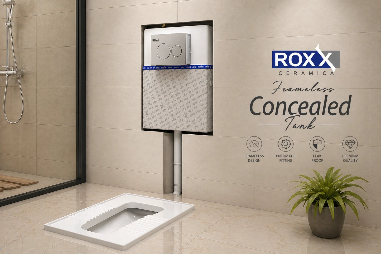 Roxx Frameless Concealed Tank with Complete Fitting – Pneumatic Flush System