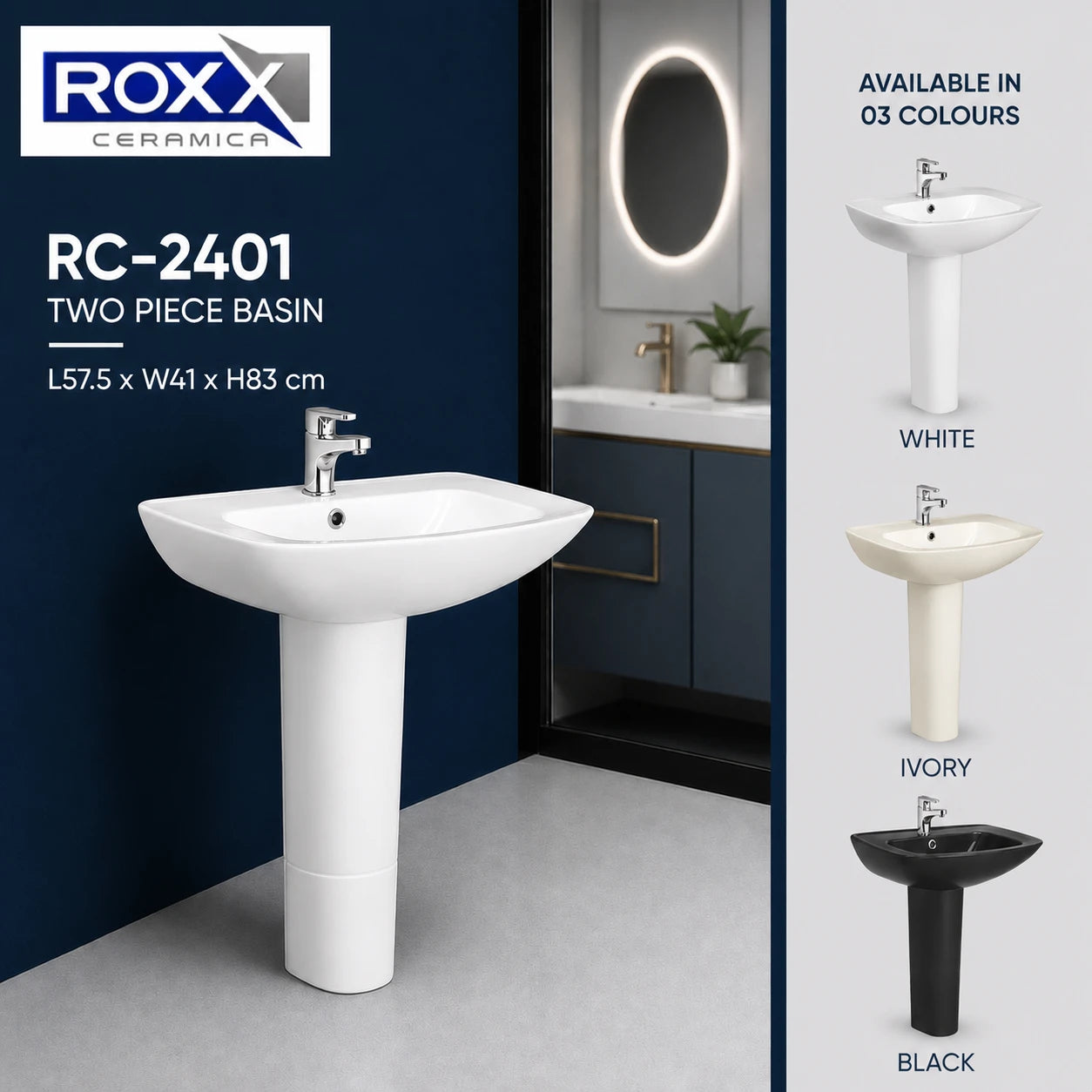 Roxx Ceramica RC-2401 Two-Piece Basin – Classic Pedestal Design