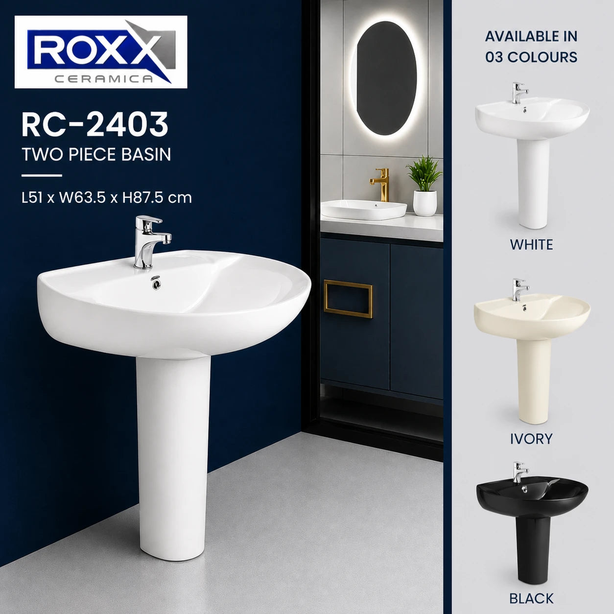 Roxx Ceramica RC-2403 Two-Piece Basin – Spacious Curved Design
