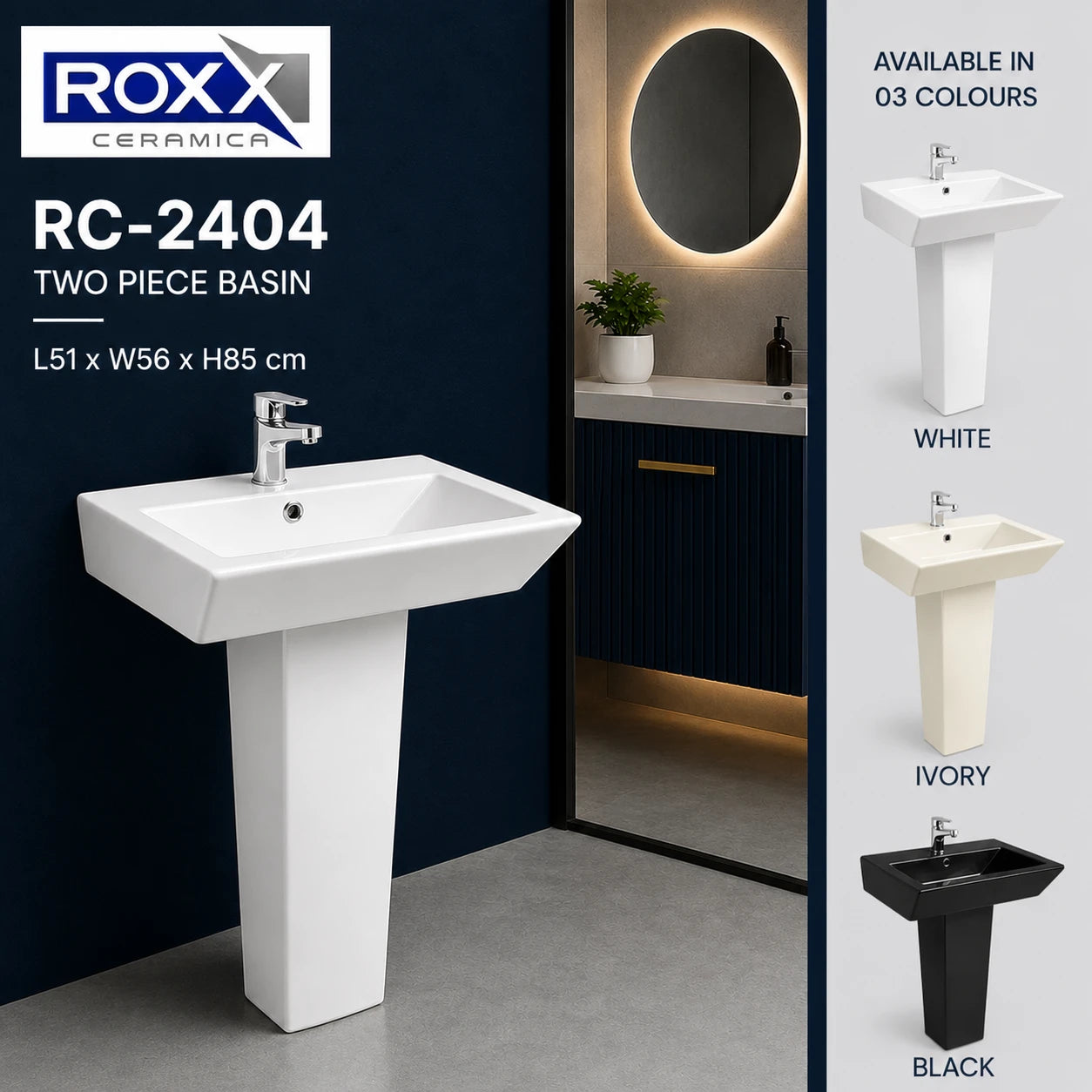 Roxx Ceramica RC-2404 Two-Piece Basin – Bold Rectangular Pedestal Style