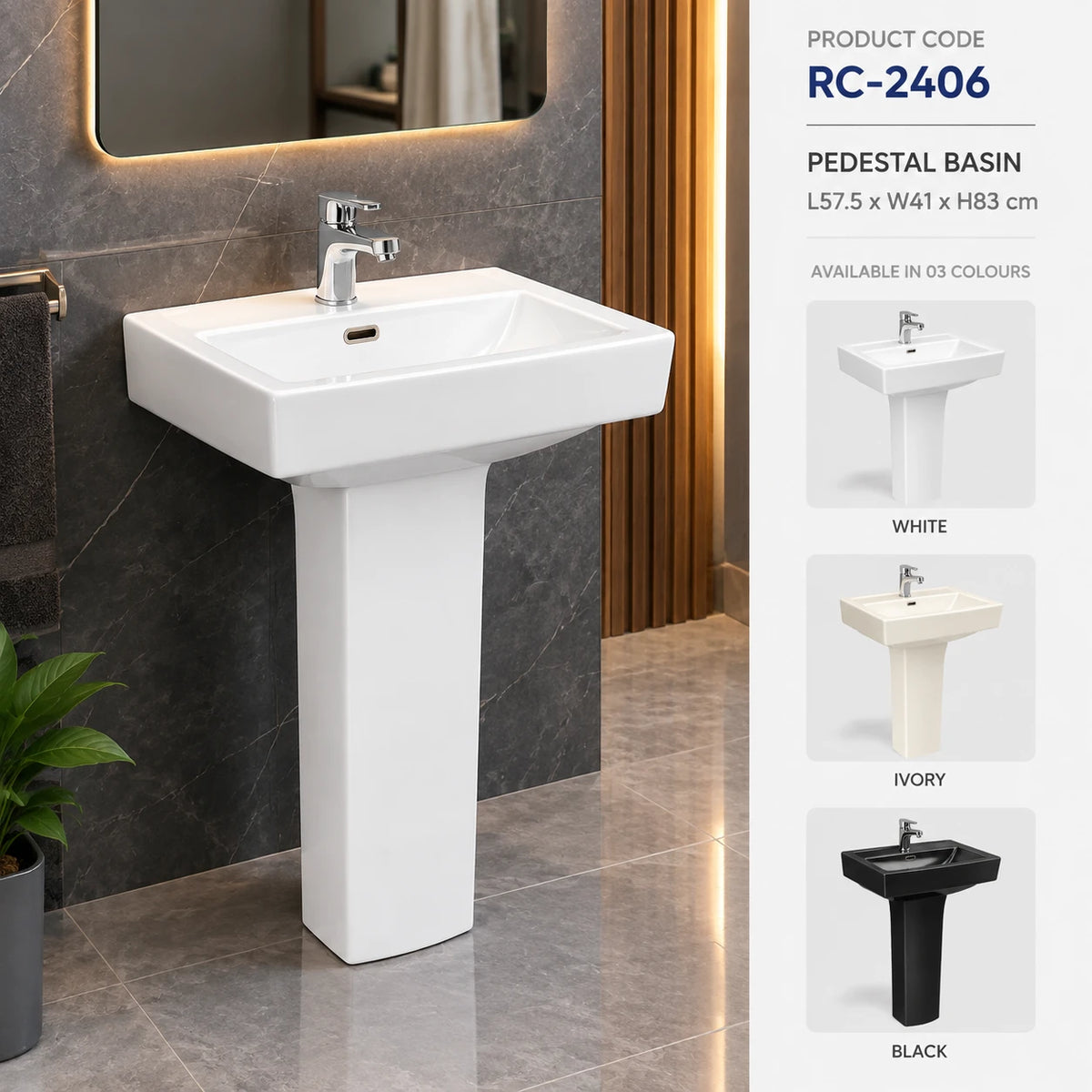 Roxx Ceramica RC-2406 Two Piece Pedestal Basin | Premium Ceramic Wash Basin with Color Warranty