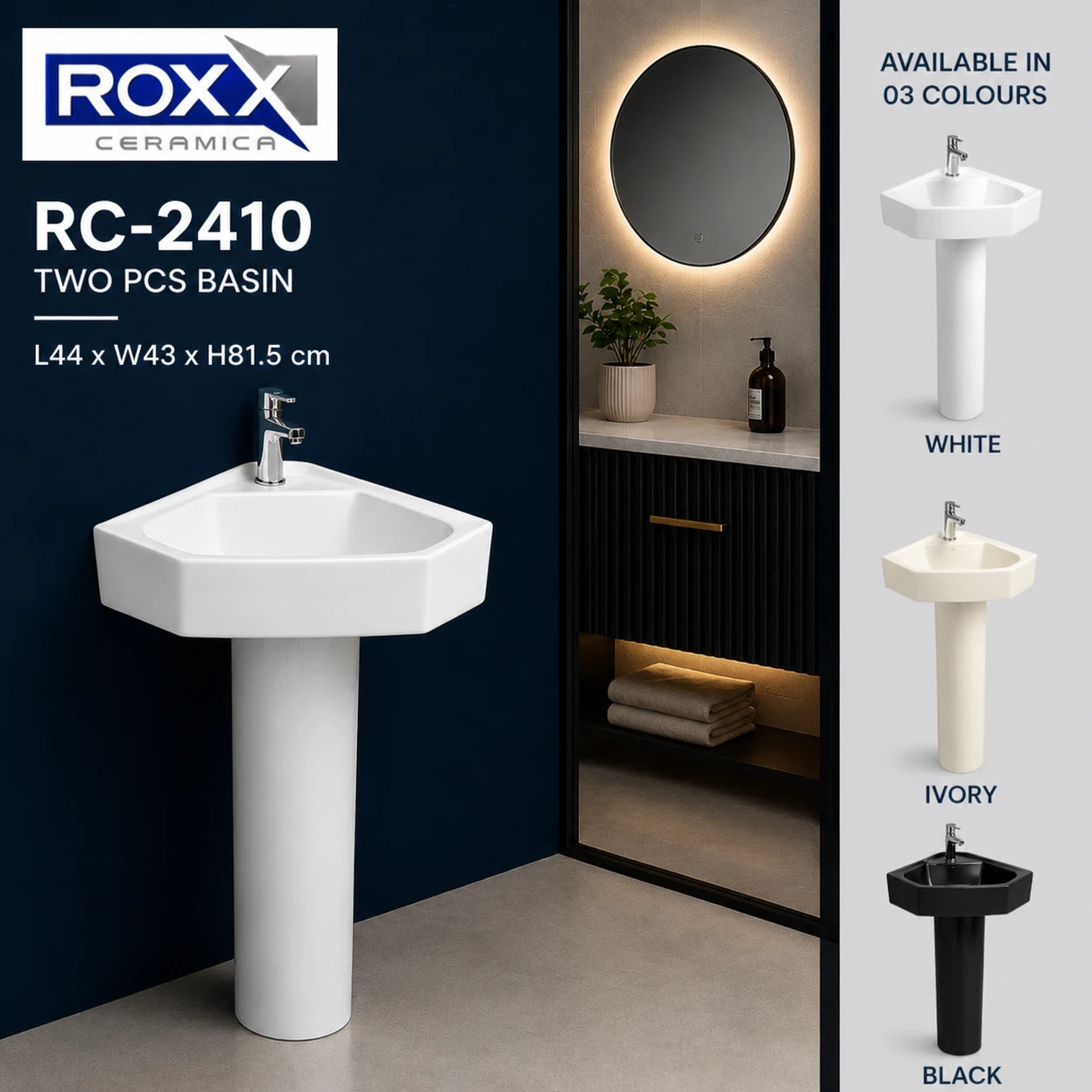 Roxx Ceramica RC-2410 Two-Piece Corner Basin – Smart Space Design | Roxx Center