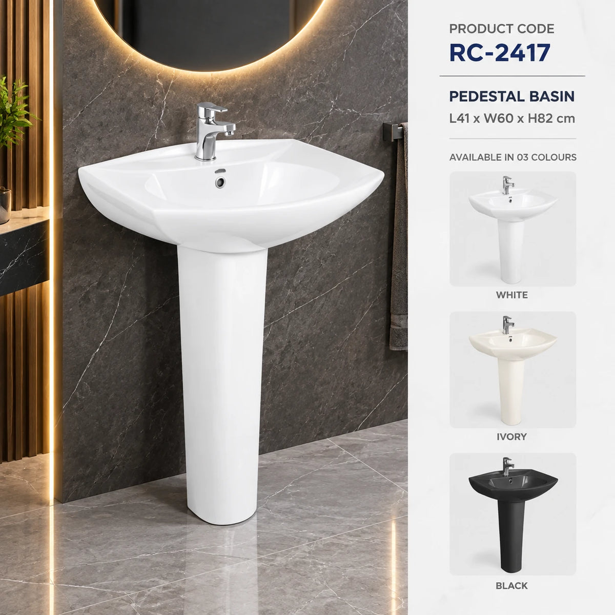 RC-2417 Pedestal Basin | Roxx Ceramica Premium Ceramic Basin