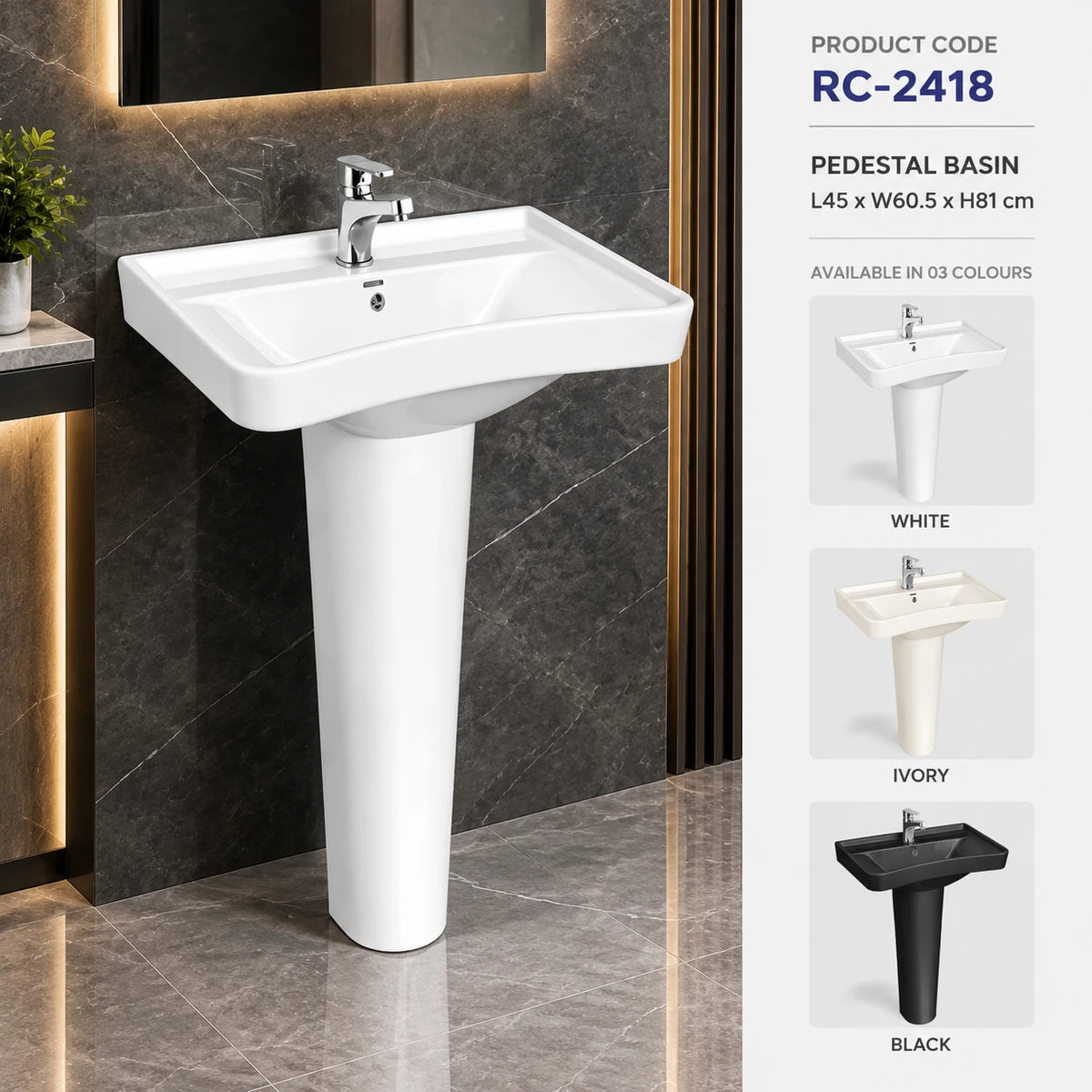 RC-2418 Basin Padestal | Ceramic Wash Basin | Roxx Ceramica