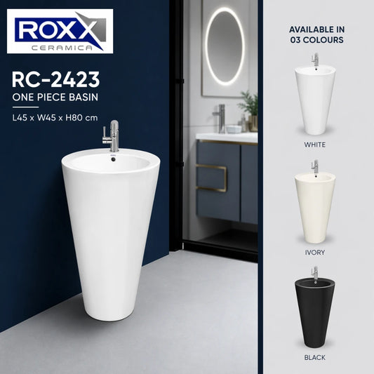 Roxx Ceramica RC-2423 One-Piece Basin – Tall Tapered Pedestal Design