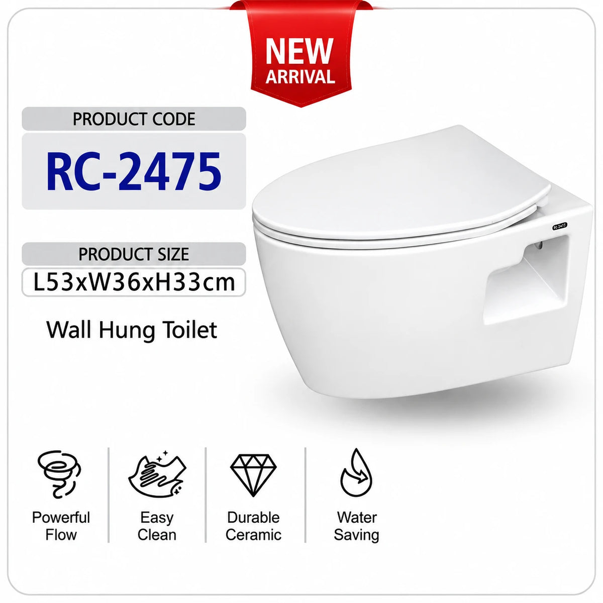 RC-2475 Wall Hung Commode | Double Hydraulic Seat Cover | Roxx Ceramica