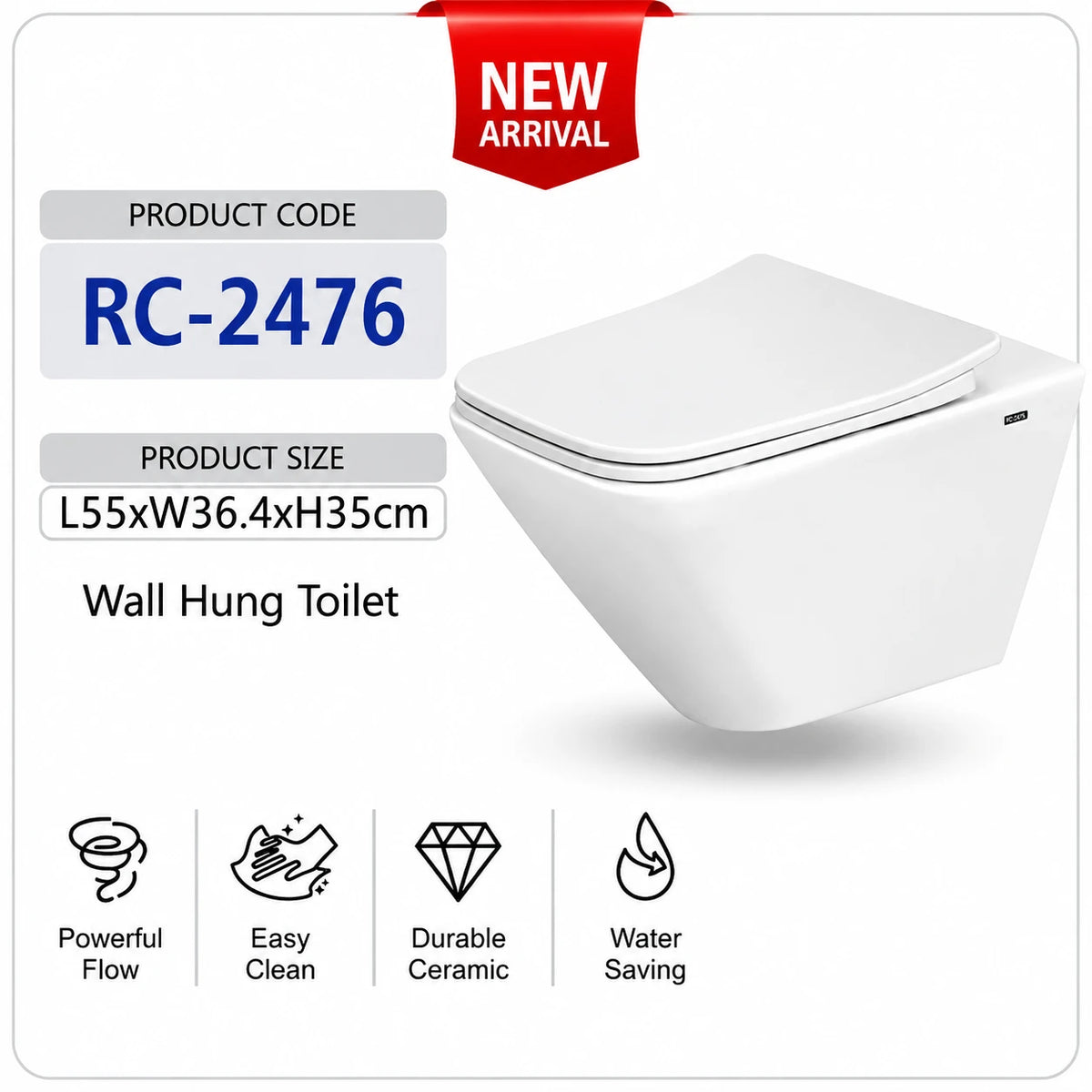 RC-2476 Wall Hung Commode | Double Hydraulic Seat Cover | Roxx Ceramica