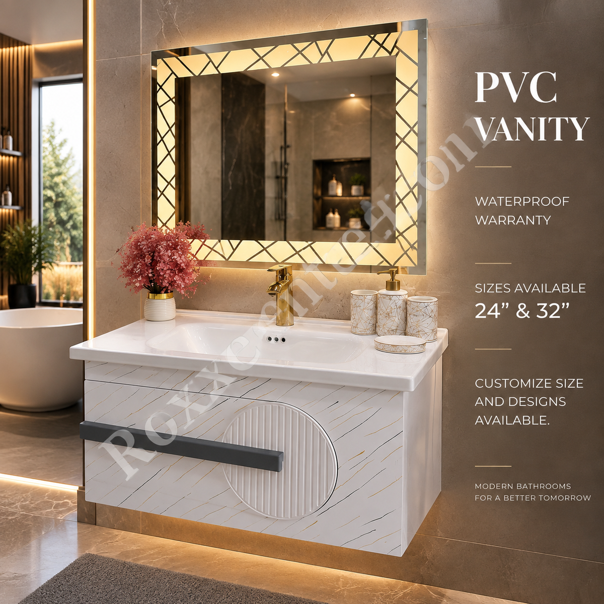 Luxury PVC Vanity with LED Mirror | Waterproof Bathroom Cabinet